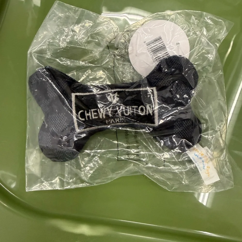 Small BLACK CHECKER CHEWY VUITON BONE SQUEAKER DOG TOY NWT